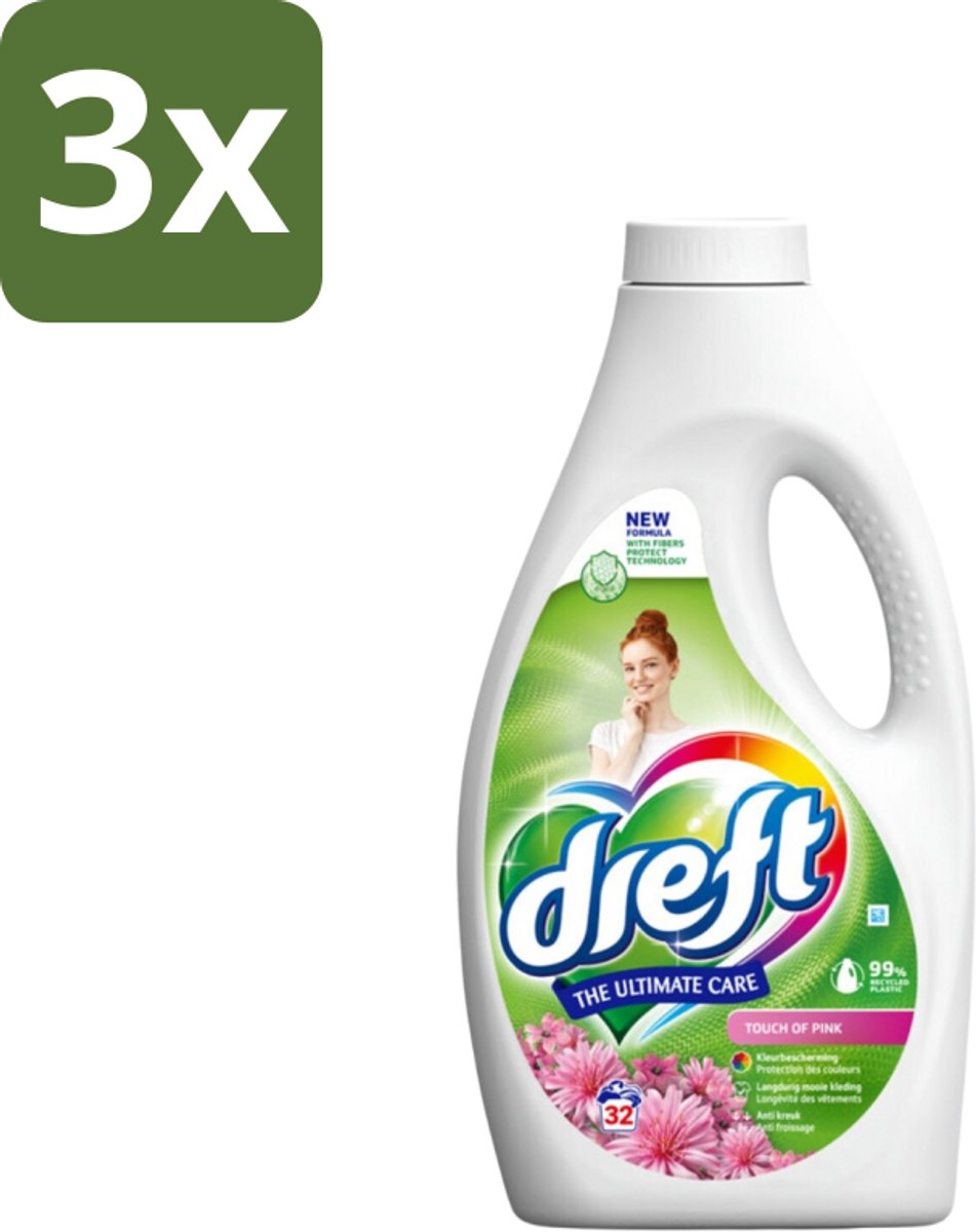 3 x Dreft Vloeibaar Wasmiddel Touch of Pink 32 Wasbeurten 1,4 liter - Wasmiddel - Wasgoed Reinigen - Kleur Behouden - Frisse Geur - Vezel Beschermen
