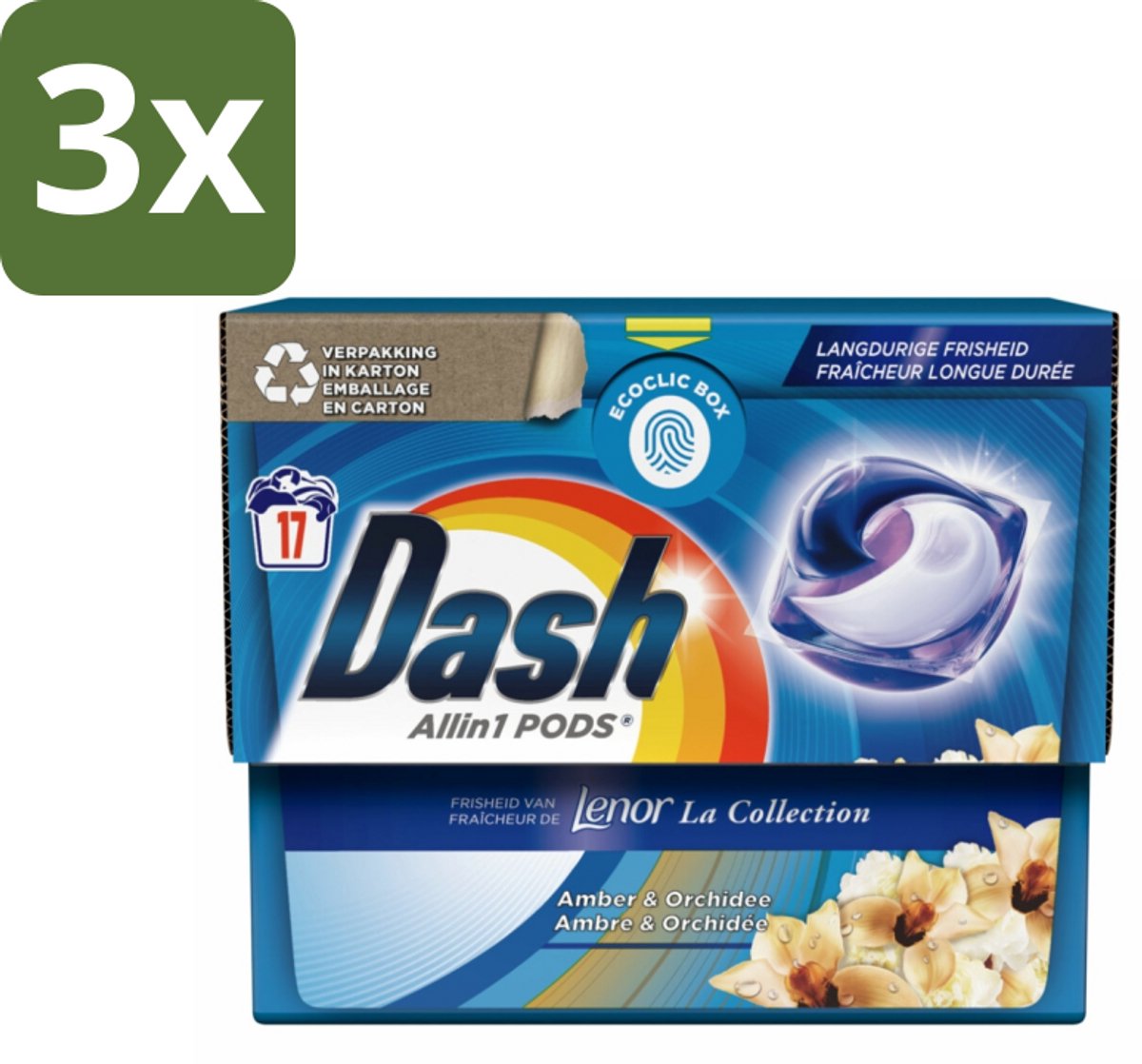 3 x Dash - Lenor Collectie - Wasmiddel Capsules - All-in-1 Pods - Witte en Gekleurde Was - Amber & Orchidee - 17 Wasbeurten - Wasmiddel Capsules - Wasbeurt - Vlekverwijdering - Geur - Wasmachine