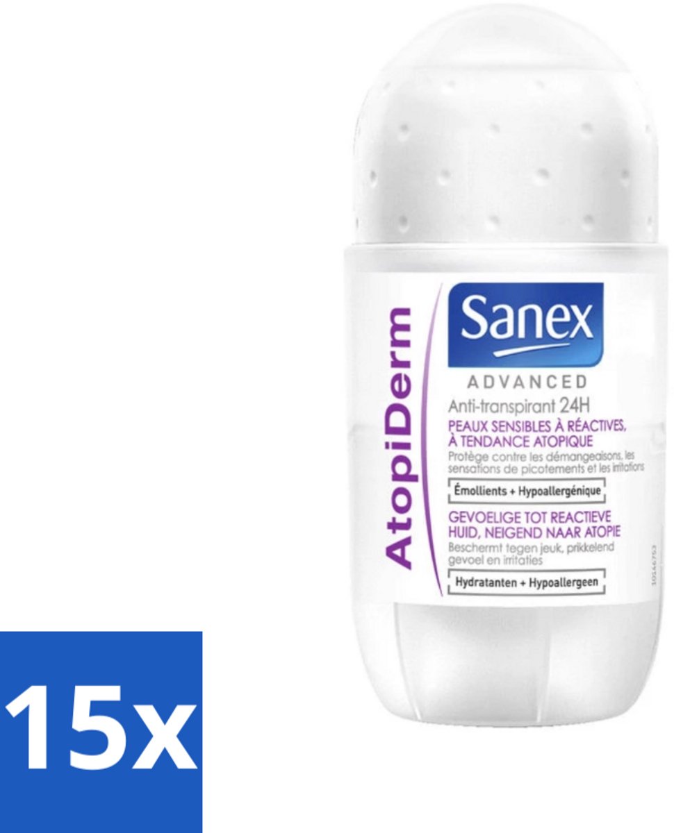 15 x Sanex Advanced - Gevoelig - Deodorant Roller - 24h Anti-Transpirant - Geavanceerd Atopiderm - 50 ml - Gevoelige Huid - Gevoelig Deodorant - 24h Bescherming - Atopiderm - Huidbarrière