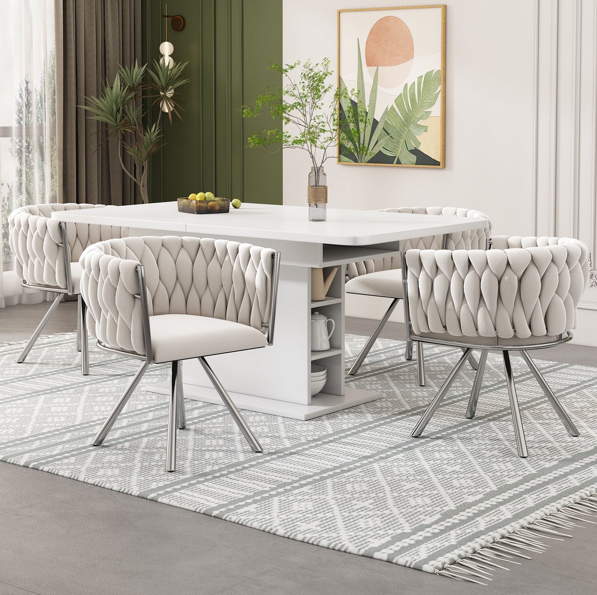 MIVRAY Eetkamerstoel Set Van 4 - Draaibare Kuipstoel Met Armleuningen En Gestikt Ontwerp - Voor Eetkamer En Woonkamer - Velvet Beige Zilver