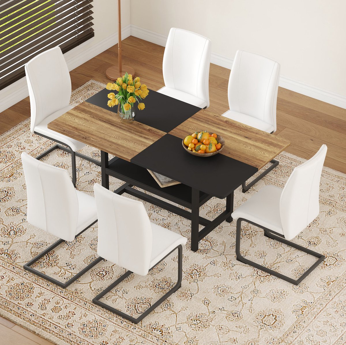 Wishdor Set tafel en stoelen - Modern design - Opbergplank onder tafel - Wit houtlook met metaal - Eetkamer keuken woonkamer - 160 x 90 x 76 cm