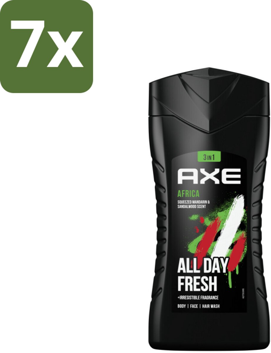 7 x Axe - 3-in-1 Douchegel - Africa - Squeezed Mandarin & Sandalwood - 12hrs Long Lasting Scent - 250 ml - Douchegel - Geur Mandarijn En Sandelhout - 3-in-1 - Lichaam - Gezicht