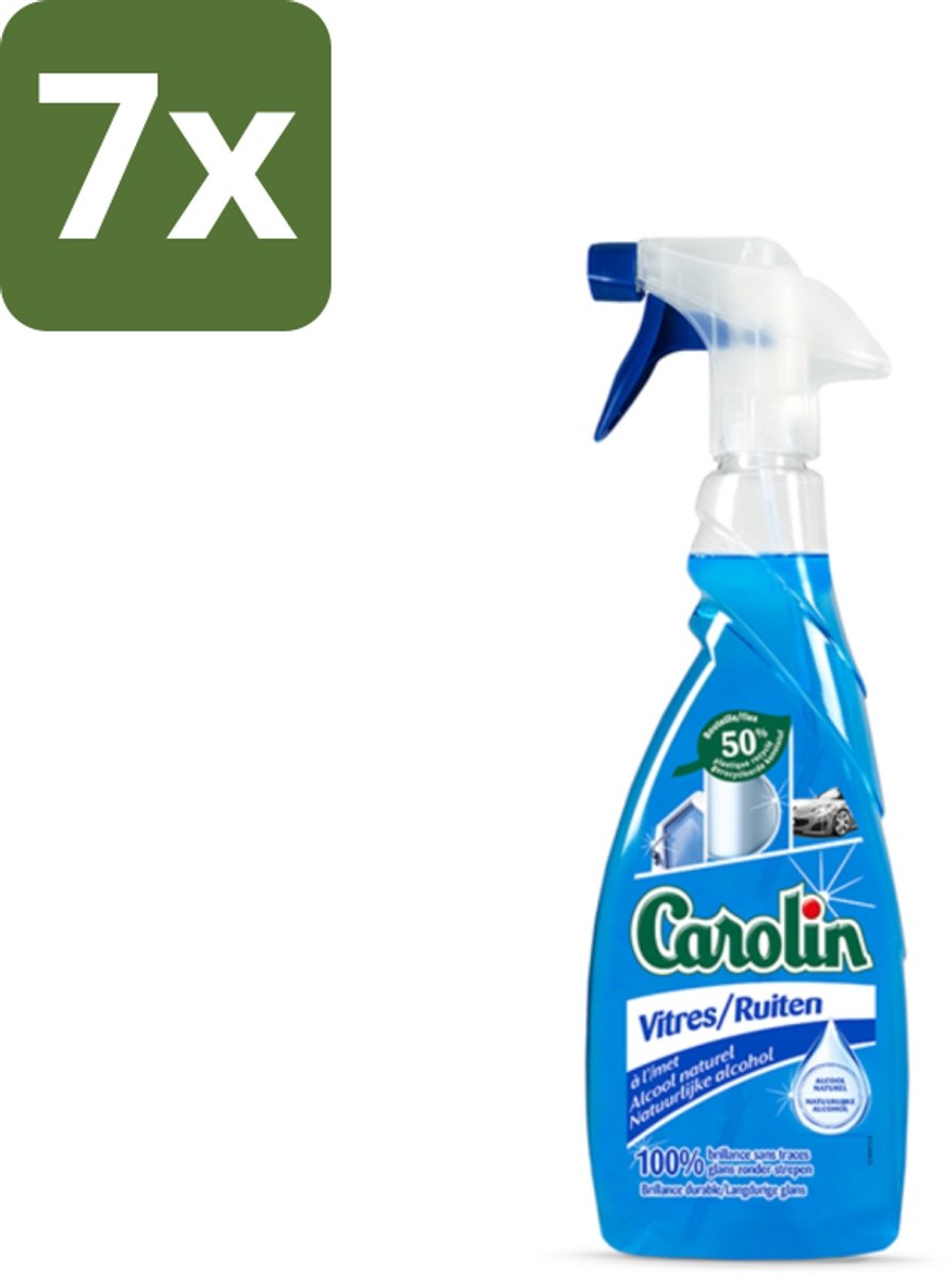 7 x Carolin - Glas- en Ruitenreiniger - Met Natuurlijke Alcohol - 650 ml - Glas Reiniger - Ruiten Reiniger - Natuurlijke Alcohol - Schone Ramen - Streeploze Glans