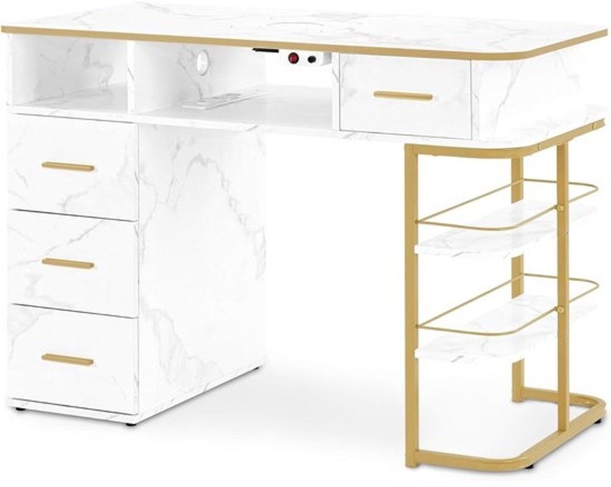 Nageltafel met 4 Laden en 5 Planken voor Nagelsalons - Marmer Wit Gold, 55x112x80 cm