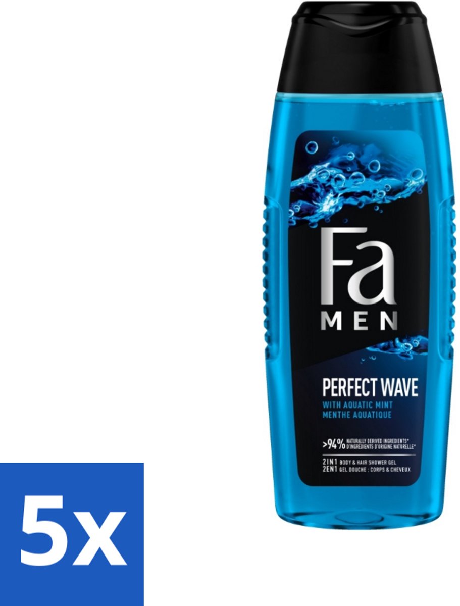 5 x Fa Men - Perfect Wave - 2 in 1 Douchegel & Shampoo - Menthol - 250 ml - Douchegel En Shampoo Voor Mannen - Menthol Geur - 2 In 1 Douchegel En Shampoo - Lichaam En Haar Verzorging - Verfrissende Douche