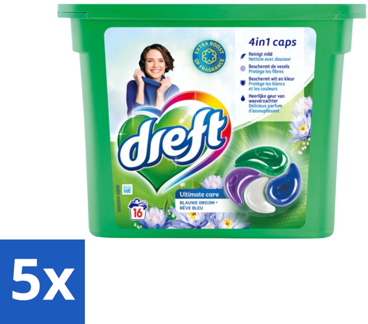 5 x Dreft - Wasmiddelcapsules 4in1 - Gekleurde Was - Blauwe Droom - 16 Wasbeurten - Wasmiddelcapsules - Blauwe Droom - Kleurbescherming - Frisheid - Wasgoed Reinigen