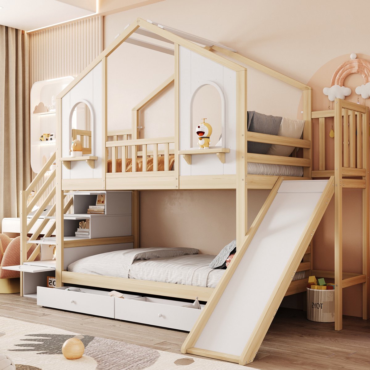 Wishdor Stapelbed 90 x 200 cm - Huisvormig met afgeronde ramen - Met glijbaan en opbergleider en lades - Speels en ruimtebesparend - Kinderkamer - Hout - Wit en natuurhout Naturel houtkleur / Wit