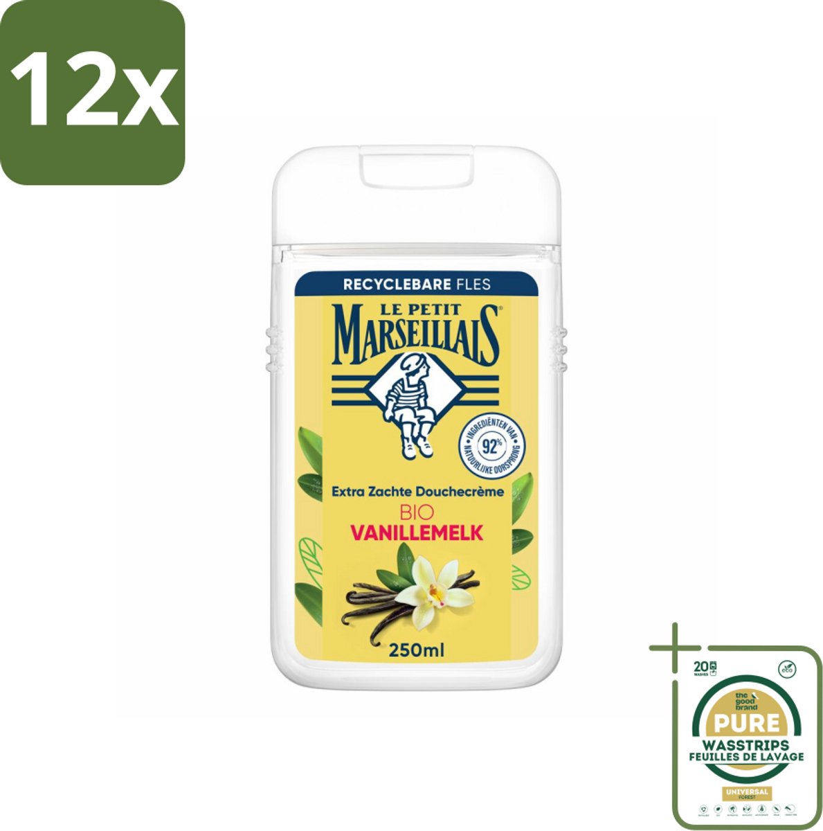 Le Petit Marseillais – Douchecrème – Lait de Vanille Bio – Extra zacht – 250 ml - Voordeelverpakking - 12 stuks - Bio - Huid verzorgen