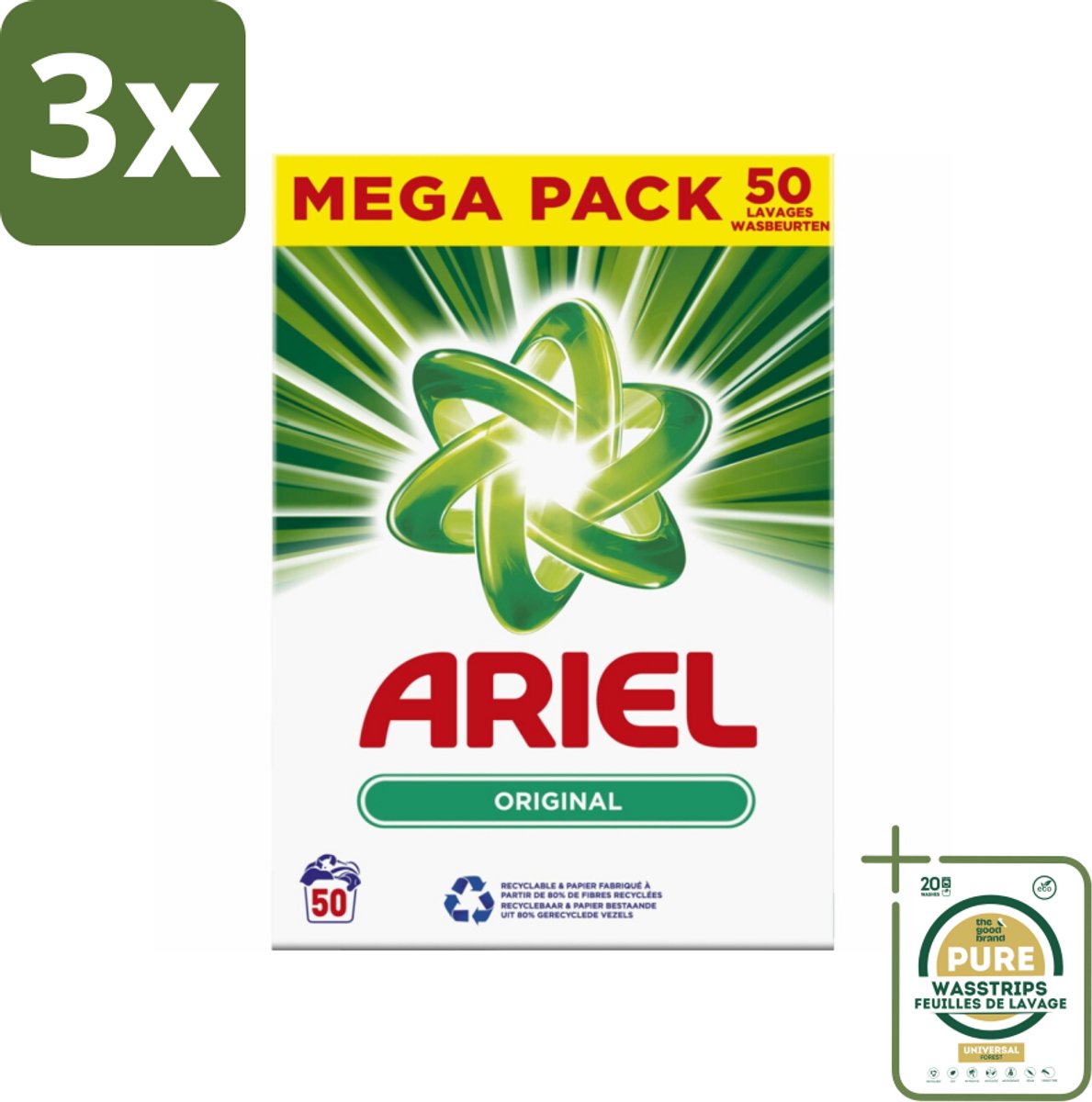 3 x Ariel Original - Waspoeder - Witte en Lichtgekleurde Was - 50 Wasbeurten - Grootverpakking - Waspoeder - Reiniging - Wasmachine - Energiebesparing - Milieuvriendelijk