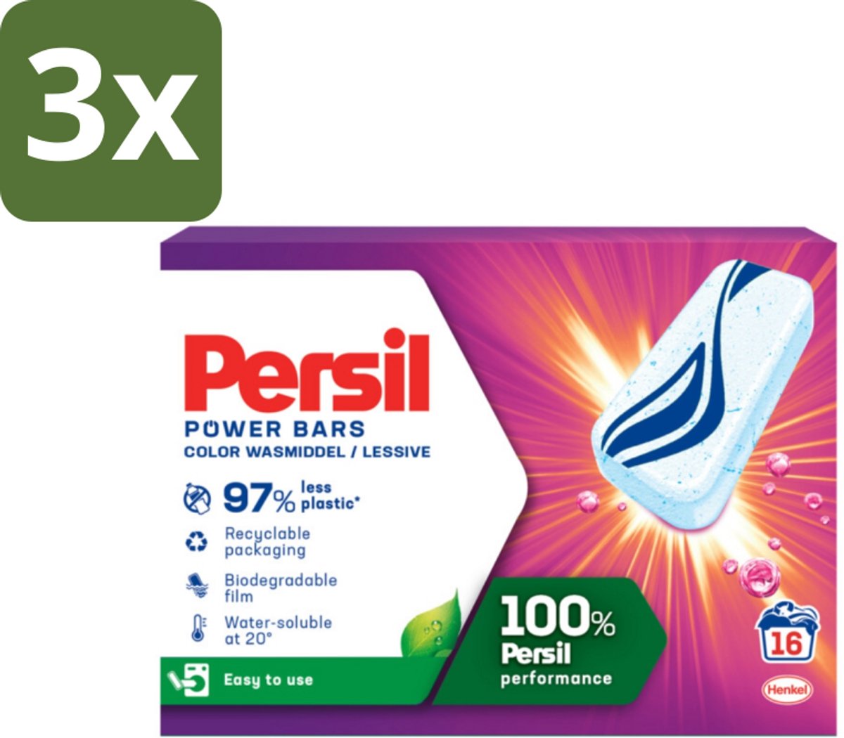 3 x Persil Power Bars - Wasmiddeltabletten - Gekleurde Was - 16 Wasbeurten - Wasmiddelbar - Gekleurde Was - Wasmiddel Tabletten - Duurzame Was - Milieuvriendelijke Was