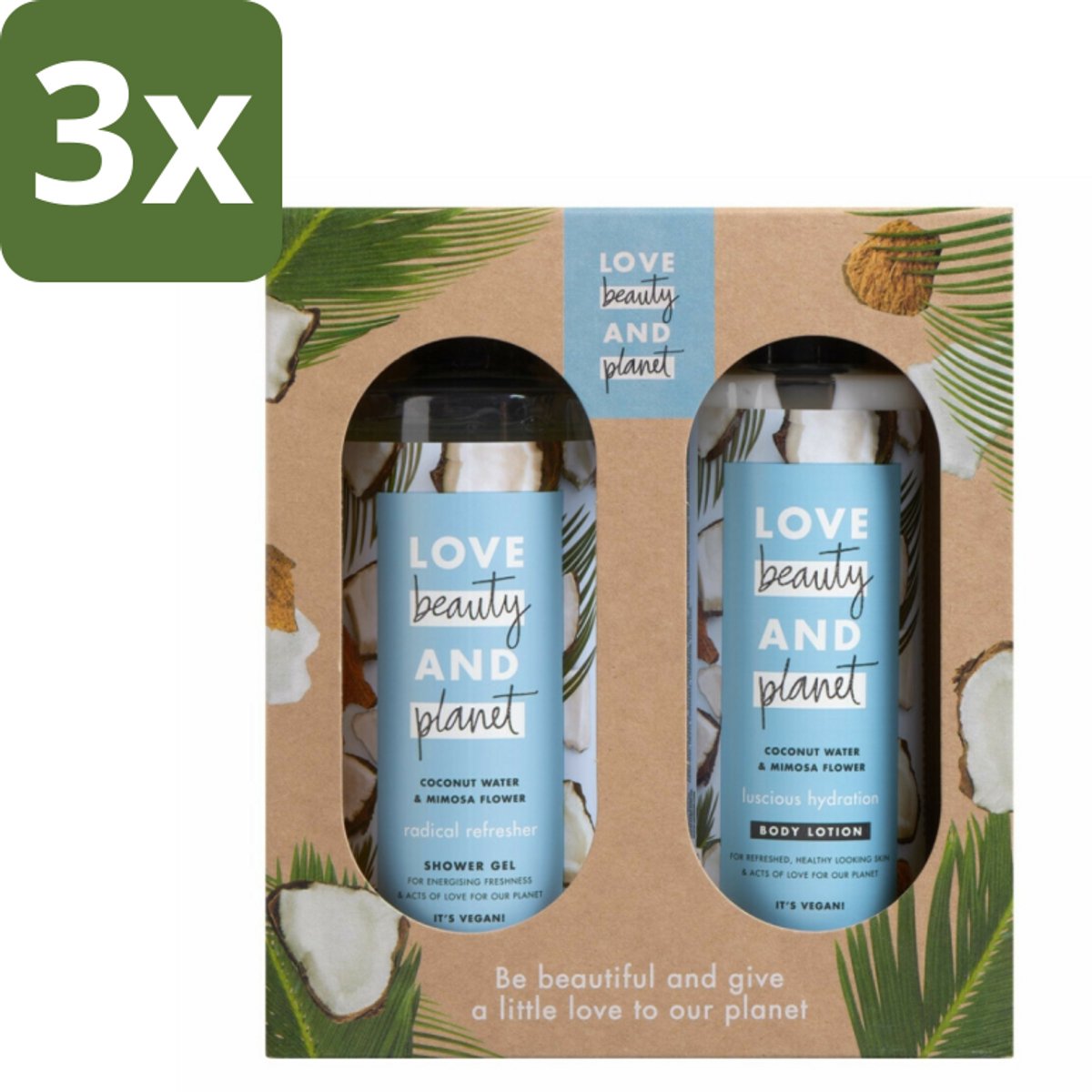 3 x Love Beauty and Planet - Douchegel & Bodylotion - Kokoswater & Mimosabloem - Duo Geschenkset - Kokoswater - Mimosabloem - Vegan Bodylotion - Showergel - Duurzame Verzorging