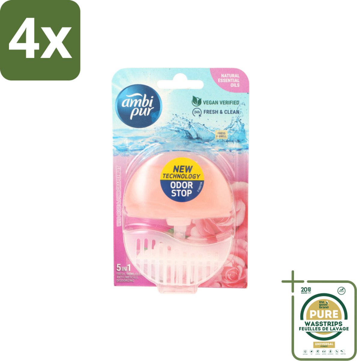 Ambi Pur Toiletblok Starterkit 5in1 Wild Rose & Pink Grapefruit - Voordeelverpakking - 4 stuks - Langdurige geur - Anti-kalk