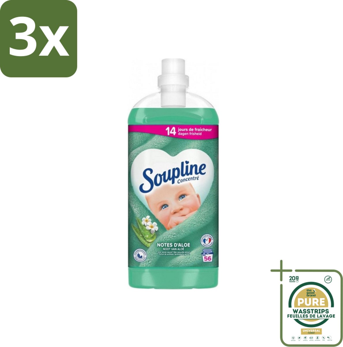 3 x Soupline - Wasverzachter - Aloë Vera - 56 Wasbeurten - 1.3L - Grootverpakking - Wasverzachter Aloë Vera - Frisse Geur - Zachte Kleding - 14 Dagen Frisheid - Natuurlijke Geur