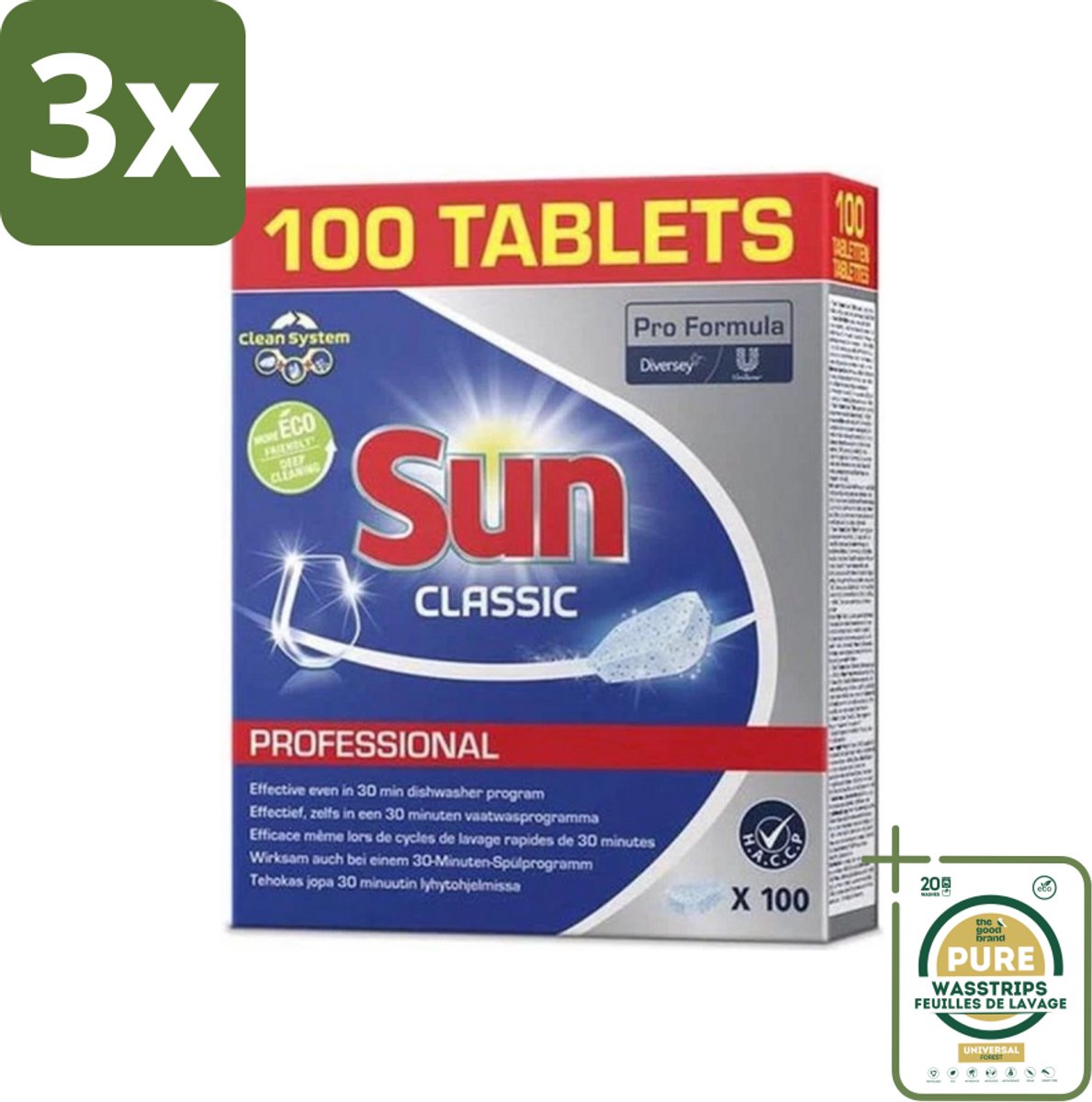 3 x Sun Classic - Pro Formula - Vaatwastabletten - 100 Tabletten - Grootverpakking - Vaatwastabletten - Vaatwasser - Reiniging - Vlekken Verwijderen - Kalkaanslag