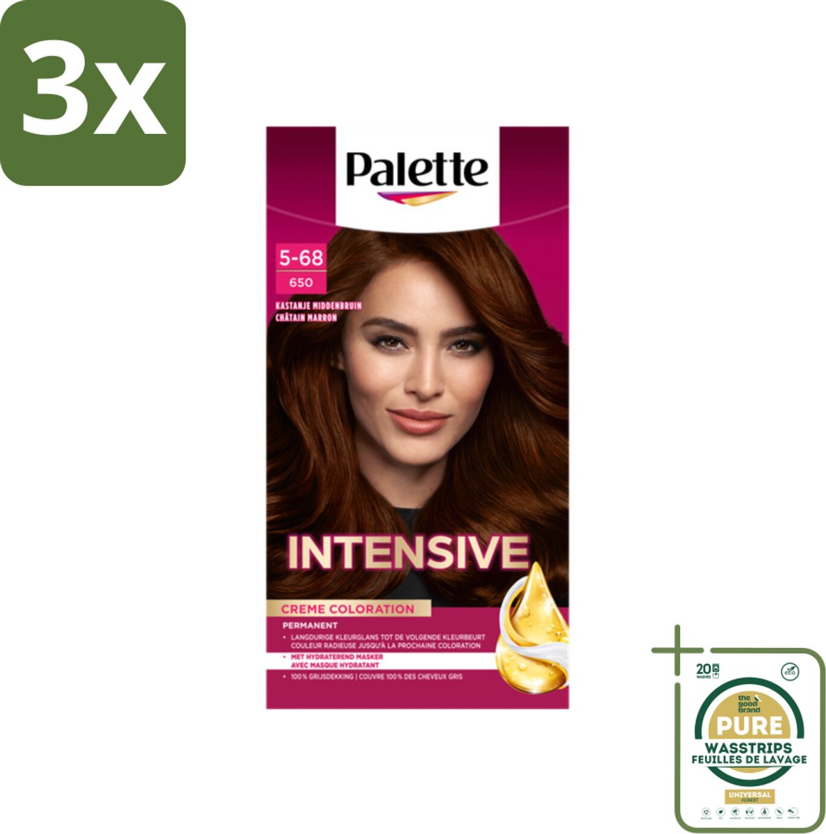 3 x Palette Intensive Oil-Care Color Haarkleuring 650 Kastanje Middenbruin - Grootverpakking - Haarverf - Kastanje - Middenbruin - Arganolie - Haarverf Kastanje