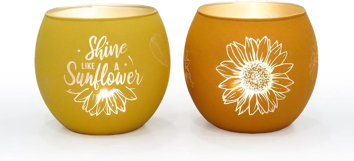 Windlicht van glas - Geel - 7,1 x 6,1 cm - Matte Theelichthouders met Gouden Binnenkant - Set van 2 voor Sfeervolle Tafeldecoratie