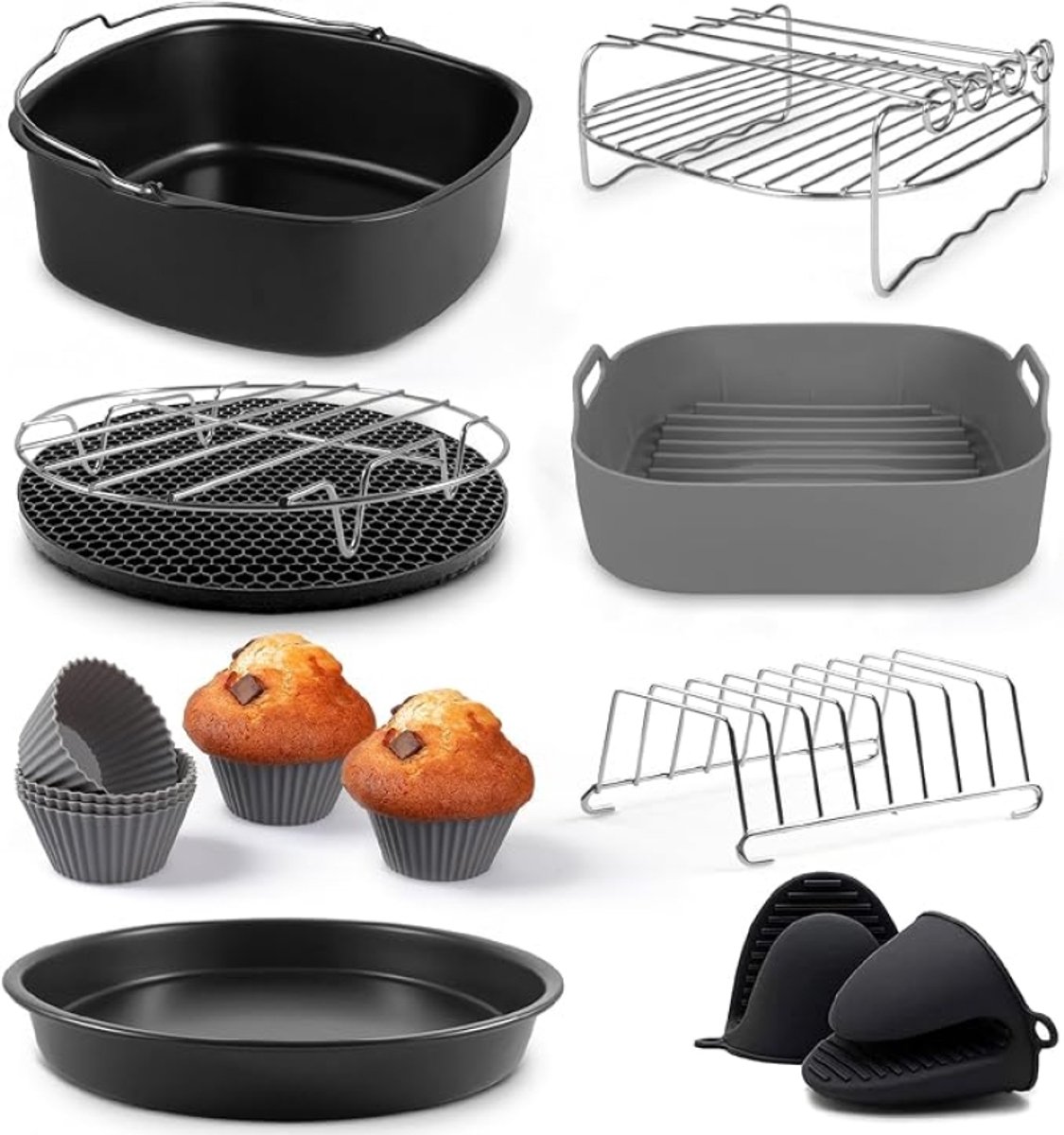 Airfryer Accessoires 19-delig – Geschikt voor XL en XXL Airfryers, Philips, Cosori 5.5L, Ninja, Cecotec, Tefal, Princess – BPA-vrij – Inclusief Siliconen Bakje en E-Receptenboek