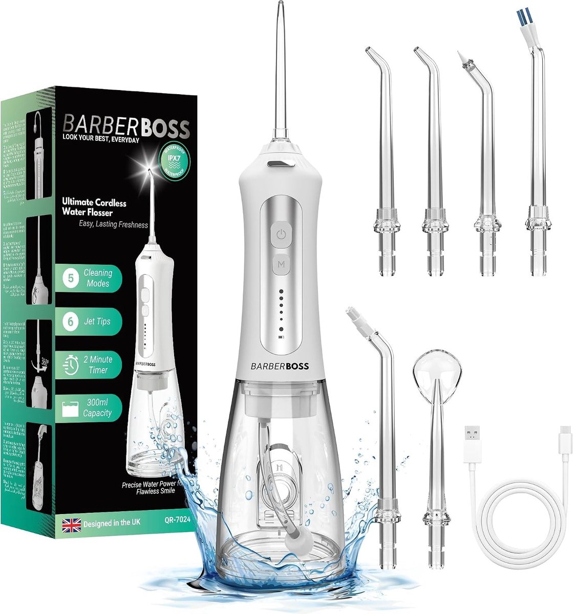 Waterflosser - Wit - 300 ml - Elektrische Waterflosser met 5 Spuitmonden - Voor Persoonlijke Mondverzorging