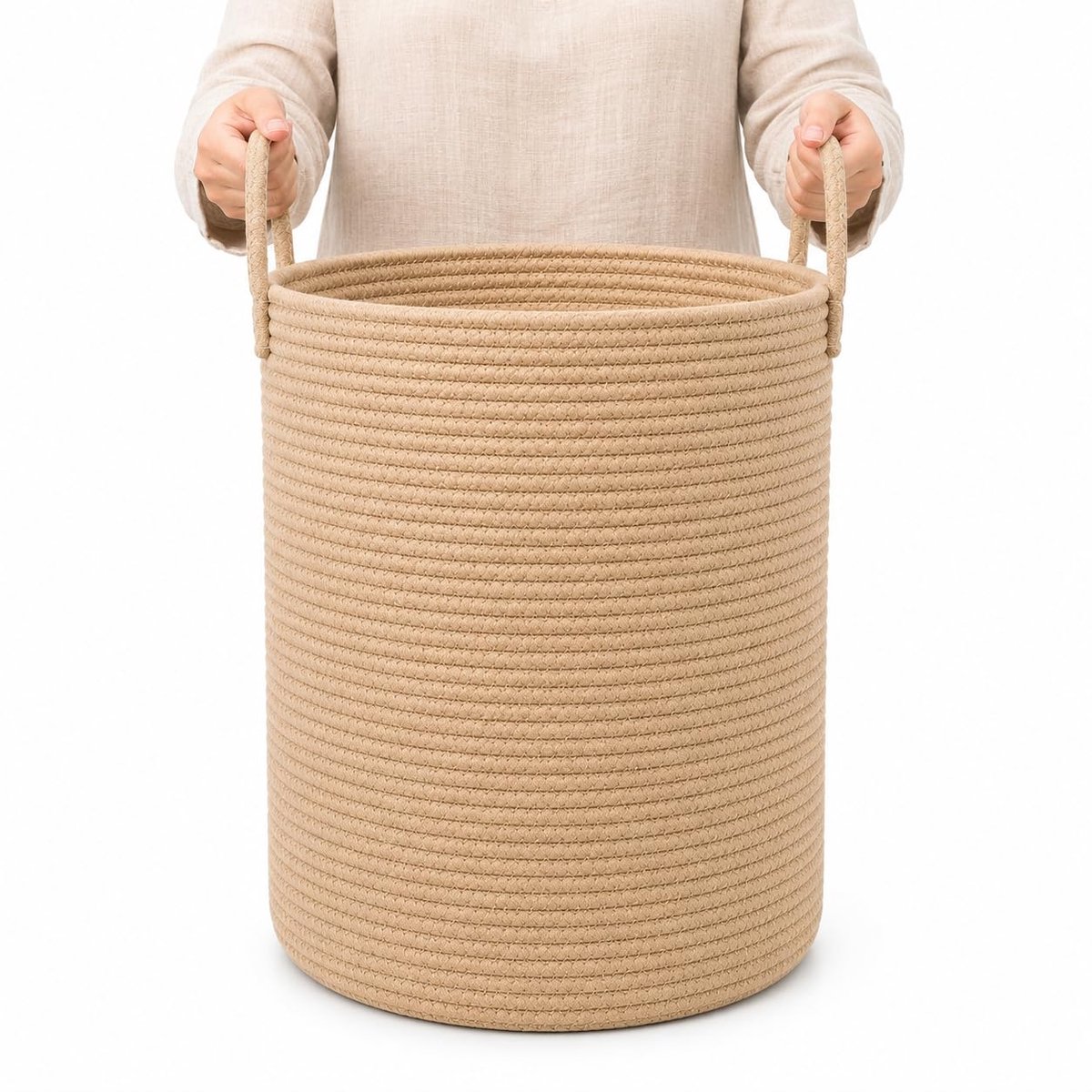 Famanu – XXL honingkleurige katoenen touwmand, opbergmand voor dekens en wasgoed, decoratief, 38 x 45 cm