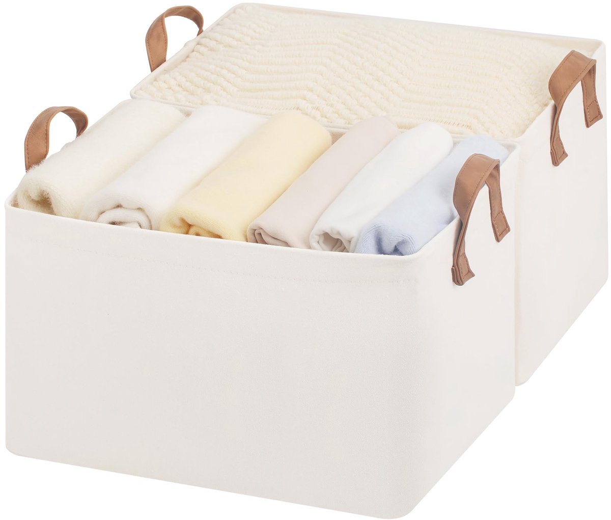 Famanu – Opbergdozen voor organisatie, opvouwbare opbergmanden voor planken, stoffen opbergdozen met handvatten, 42 x 30,5 x 26 cm, set van 2, beige