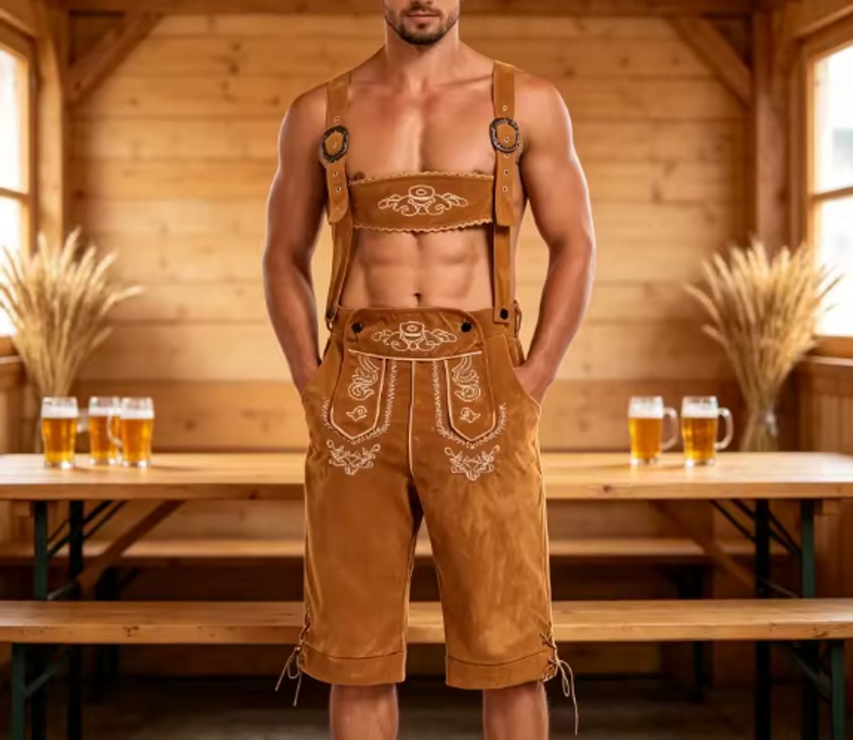 Duitse Oktoberfest herenbroek met bretels, kostuum, mannelijke overall, outfit voor toneelvoorstellingen