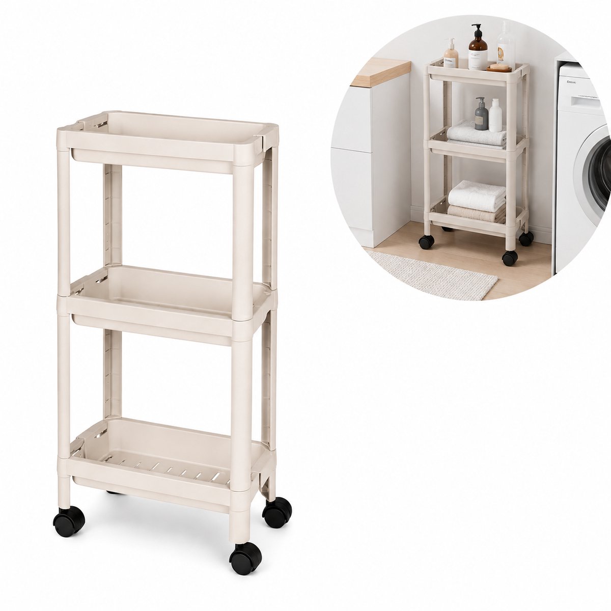 Opbergrek met Wielen - Opbergrek - 3 Laags - 15Kg Draagkracht - 40 x 17,5 x 75,5 cm - Beige