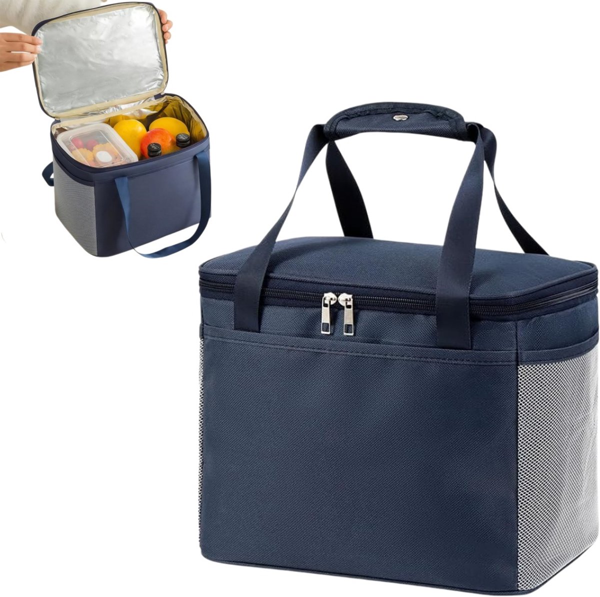 1 stuk - Lunchtas - Met handvat - Geïsoleerde lunchtas - Geïsoleerde draagtas - Bento tas - Herbruikbaar - Water- en oliebestendig - Donkerblauw - 25×15×18 cm - Geschikt voor kantoor, picknick en dagelijkse lunches