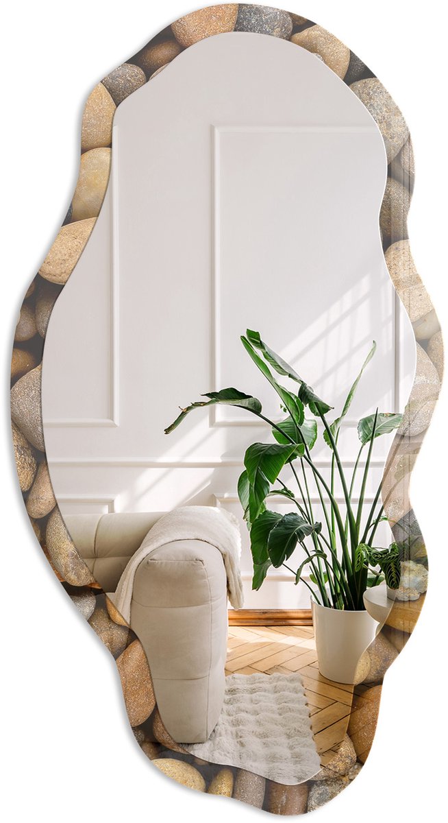 Coloray Mozaïek Van Steen Spiegel - Bruin Rechthoekige Spiegel Voor Interieur - Organische Spiegel - Badkamer, Woonkamer, Hal - Minimalistisch - 45x90 cm - Totale afmeting 52x97 cm