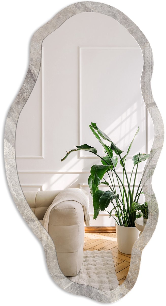 Coloray Steenstructuur Spiegel - Grijs Strakke Rechthoekige Spiegel - Organische Spiegel - Woonkamer, Kantoor, Slaapkamer - Klassiek - 45x90 cm - Totale afmeting 52x97 cm
