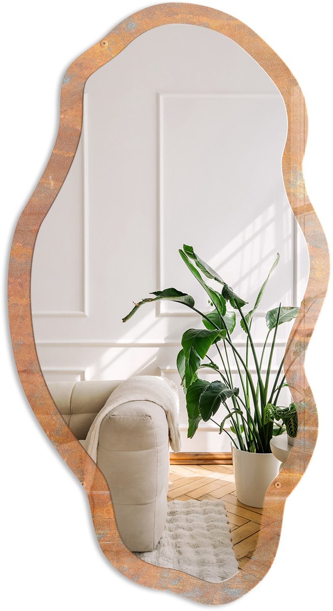 Coloray Roestige Textuur Spiegel - Bruin Stijlvolle Wandspiegel - Organische Spiegel - Kantoor, Woonkamer, Hal - Industrieel / Loft - 45x90 cm - Totale afmeting 52x97 cm