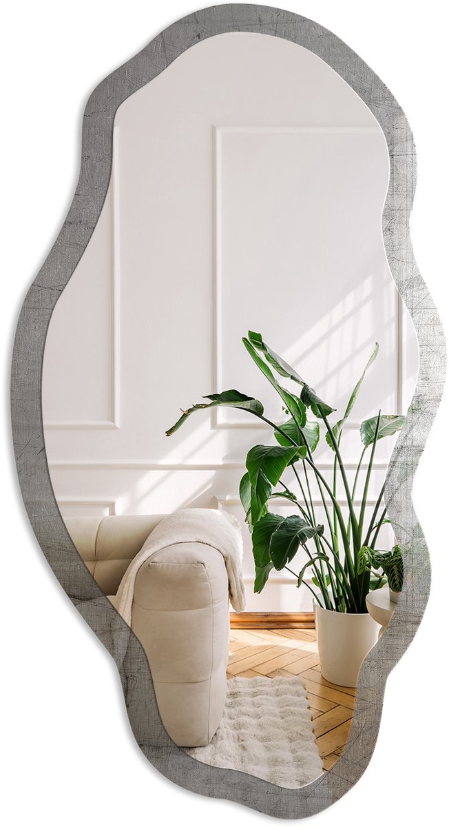 Coloray Metaalachtige Textuur Spiegel - Grijs Moderne Rechthoekige Wandspiegel - Organische Spiegel - Woonkamer, Kantoor, Hal - Industrieel / Loft - 45x90 cm - Totale afmeting 52x97 cm