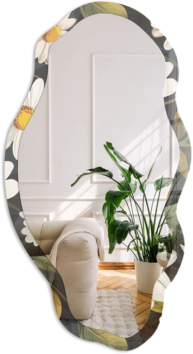 Coloray Madeliefjes Natuur Spiegel - Wit Elegante Rechthoekige Wandspiegel - Organische Spiegel - Slaapkamer, Woonkamer, Hal - Illustratief - 45x90 cm - Totale afmeting 52x97 cm