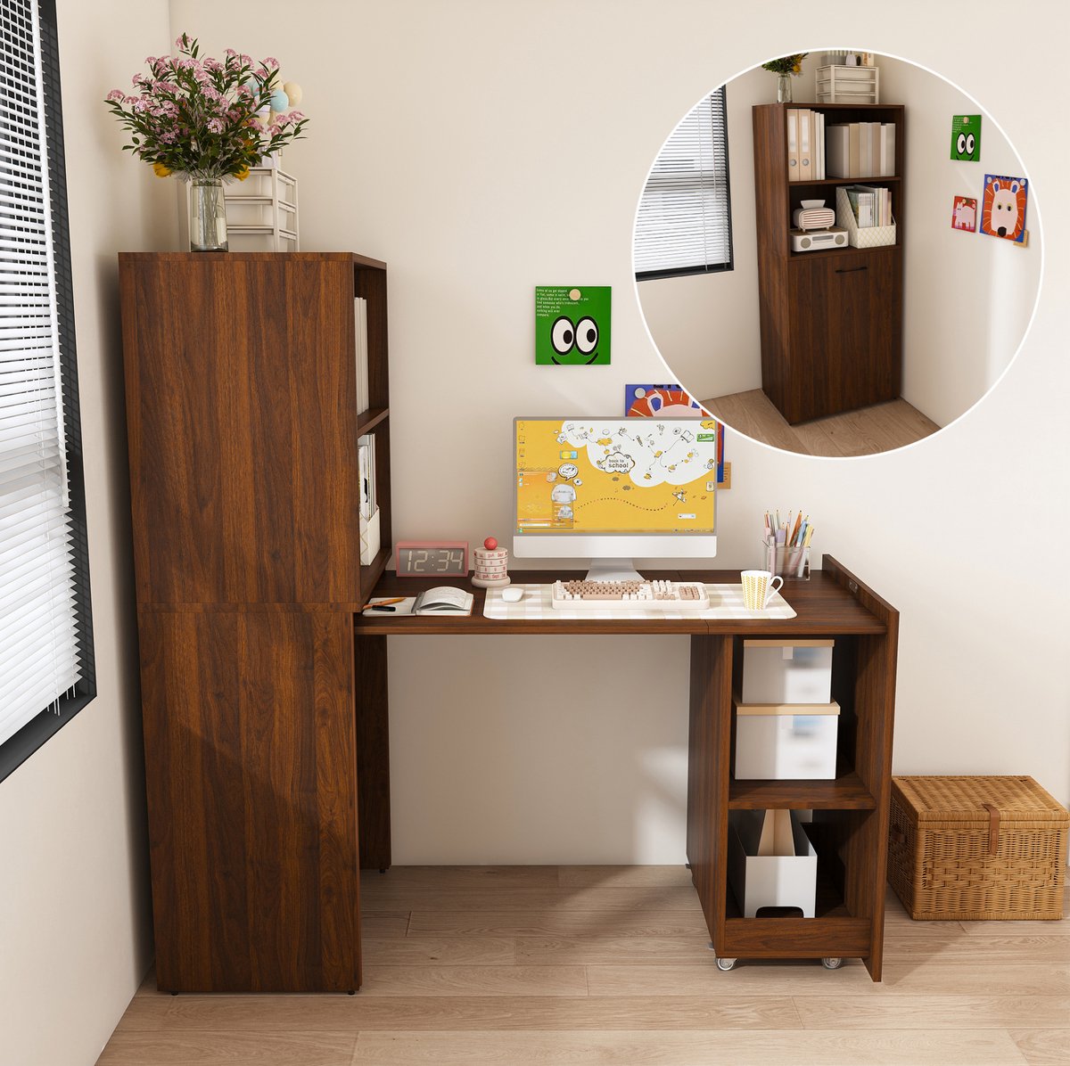 Uitklapbaar Bureau Met Opbergruimte En Verstelbare Planken - Compact Opbergmeubel Met Uitschuifbaar Blad En Wielen - Walnoot - MDF - 126x55x136 Cm