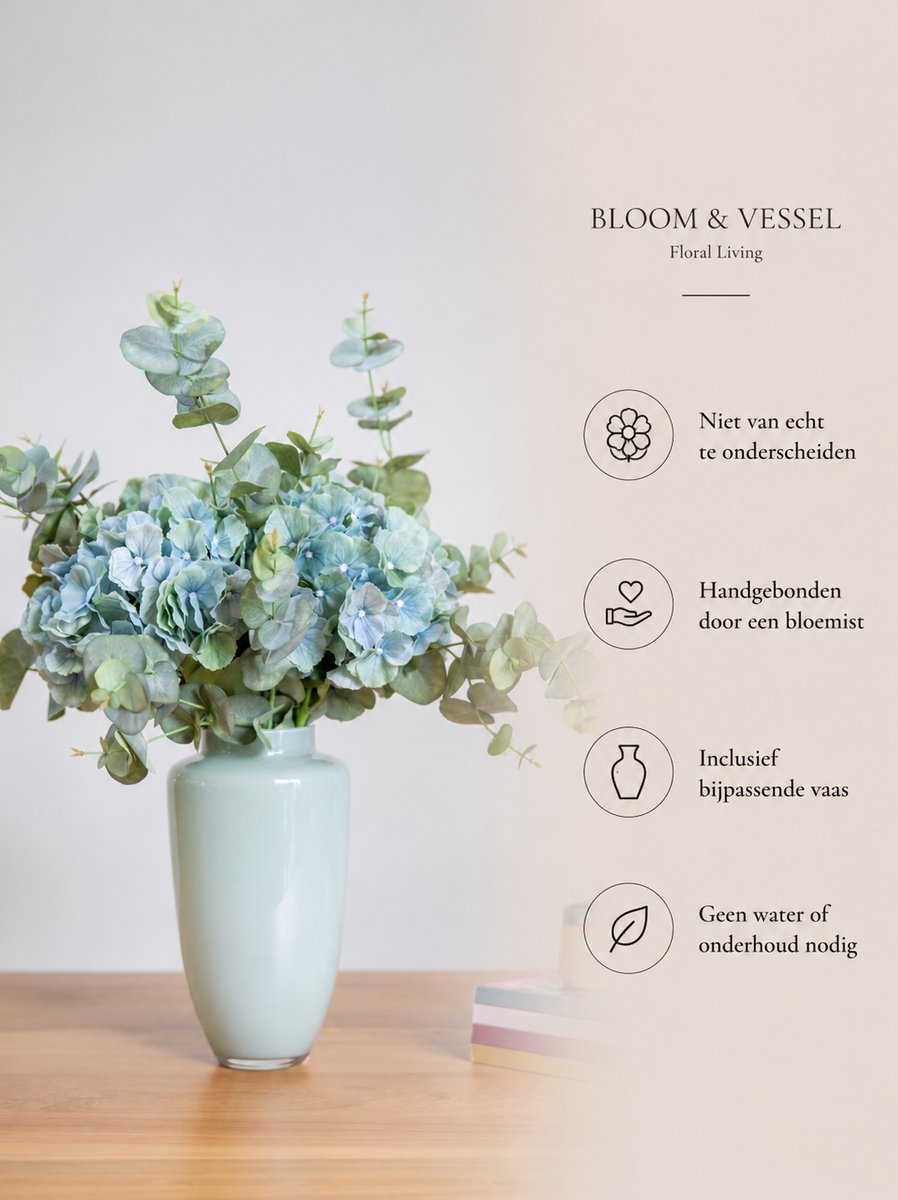 BLOOM & VESSEL Zijden Hortensiaboeket met Vaas – 60 cm – Boeket Aquamarine – Blauwgroene Hortensia & Eucalyptus – Kunstbloemen – Nepbloemen — cadeau in Wonen & Interieur - foto 5