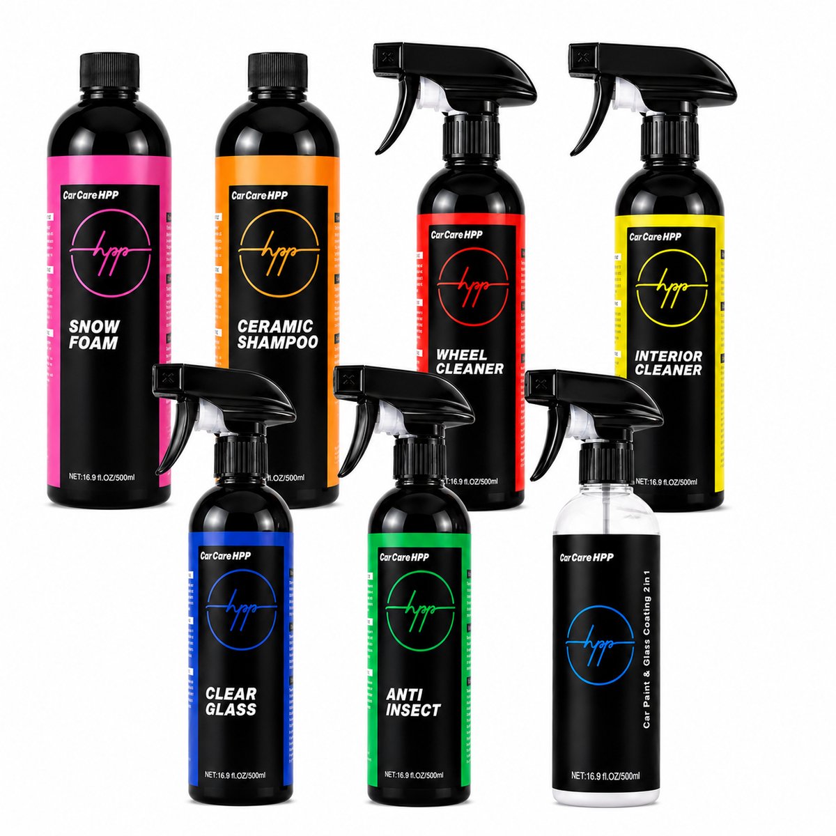 Car Care HPP Auto Was Set 8-delig – Compleet Autoverzorgingspakket met Shampoo, Snow Foam, Velgenreiniger, Keramische Coating, Tire Shine, Interieur reiniger, Glas Reiniger, Anti Insect– Perfect voor Grondige Auto Cleaning