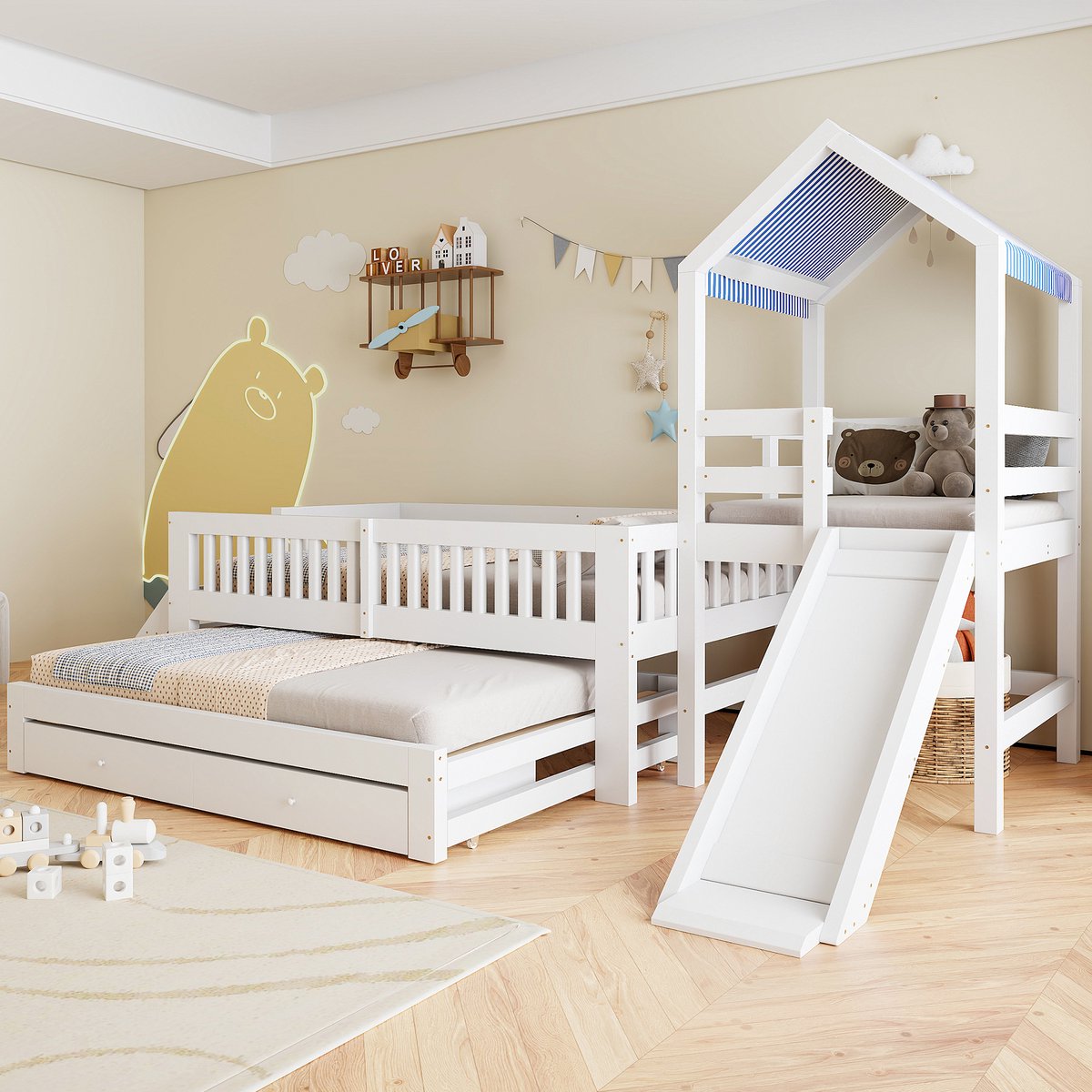 STILVORA Kinderbed 90 x 200 cm – Huisbed Met Glijbaan En Zijtrap – Opberglades En Uitrolbed – Voor Kinderen – Hout – Wit – Zonder Matras