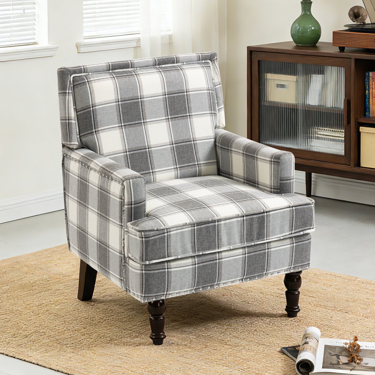 MODENUIT Fauteuil 69 x 69 x 89 cm - Vintage - Geruit - Met Armleuningen - Woonkamer - Stof - Grijs Wit