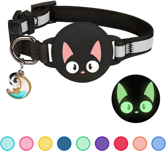 Collier pour chat noir avec rayures réfléchissantes, pendentif rond noir avec visage de chat et breloque lune.
