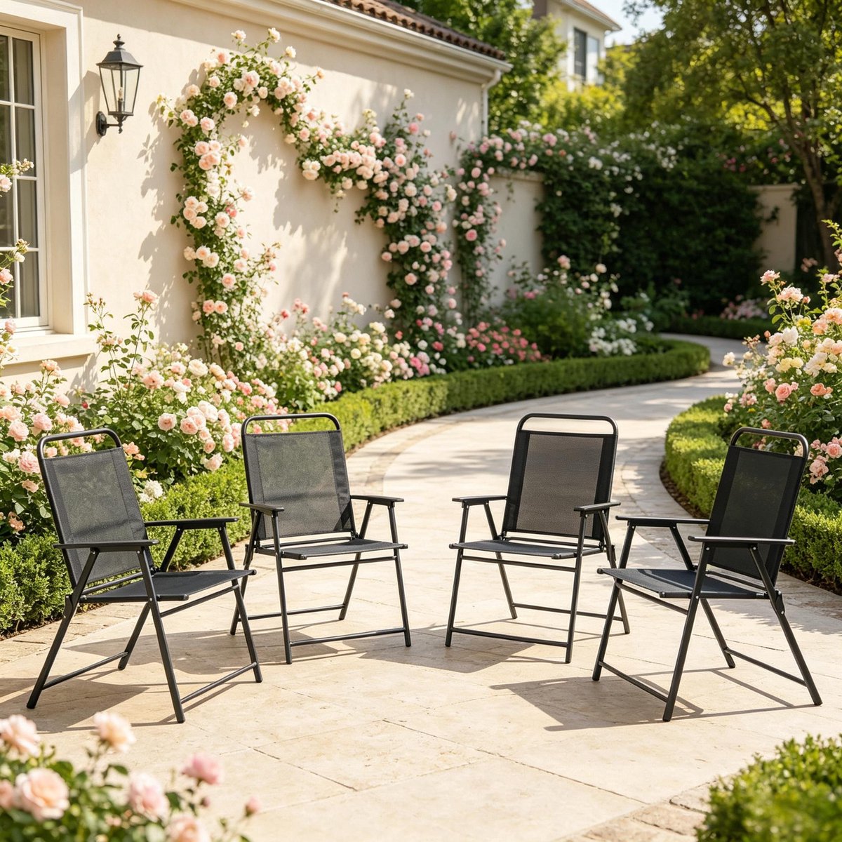 MIVRAY Tuinstoel Set Van 4 - Inklapbare Tuinstoelen Met Hoge Rugleuning En Armleuningen - Voor Tuin, Terras En Balkon - Staal Textileen Zwart