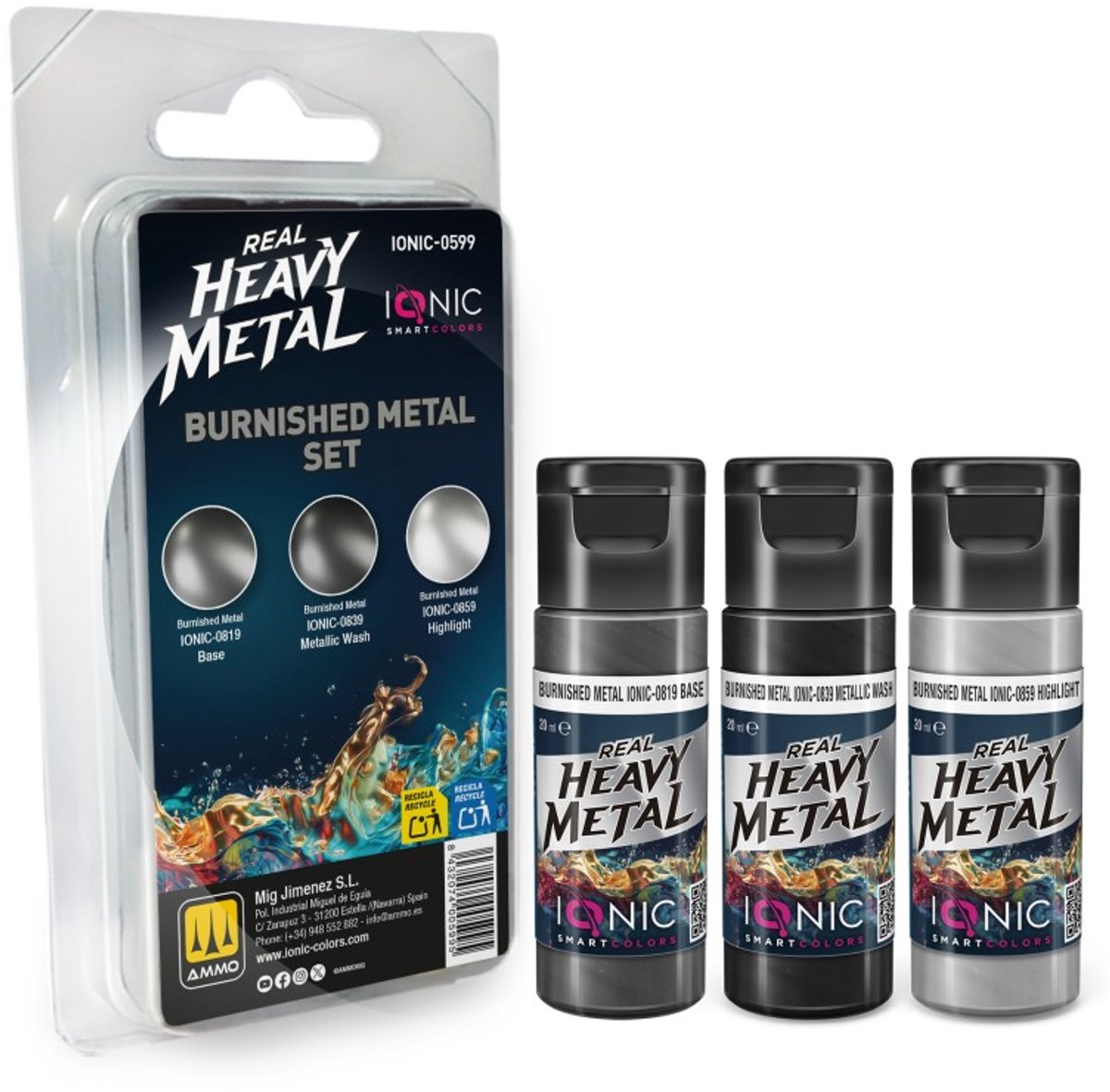 AMMO by Mig Jimenez Hobbyverf Acrylverf - MIG IO0599 Ionic Smart Colors - Real Heavy Metal - Gepolijst Metaal Kleurenset - Acryl Set 3x20 ml Verf set - 3x 20 ml