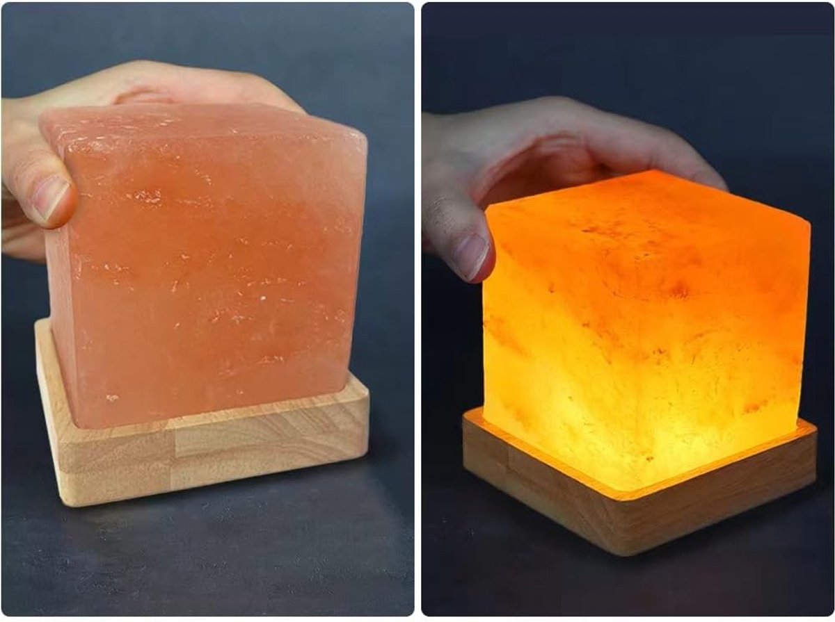 Zoutlamp - Houtkleur - 9 x 9 x 9,5 cm - Natuurlijke Kristalzoutlamp met Massief Houten Basis - Sfeerverlichting voor Thuis