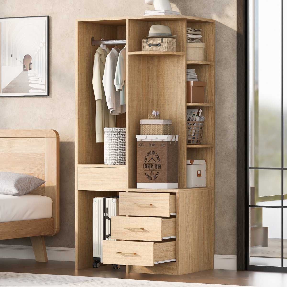 OKWISH Kledingkast Open Kast 70 X 55 X 175 Cm Met Hanggedeelte, Planken En 3 Lades, Vrijstaand, Houtkleur, Voor Slaapkamer En Inloopkast
