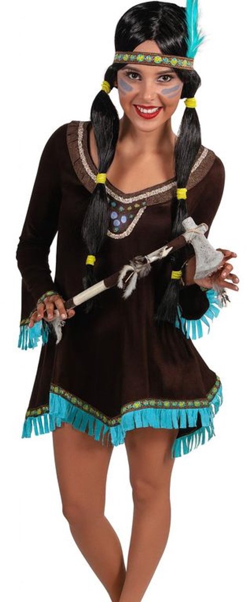 Dames Western Verkleedjurk – Bruin met Turquoise Details - maat XS (34)