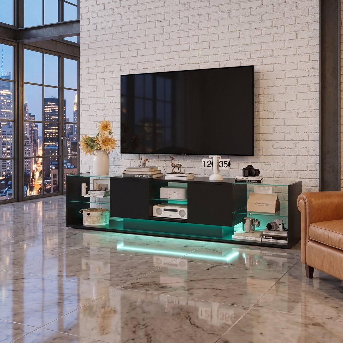 TV Meubel, Ledverlichting, Twee Glazen Planken Open Vakken. Ldeaal voor Woonkamer, Eetkamer of als TV-Meubel Afmetingen: 200 x 35 x 45 cm (Zwart)