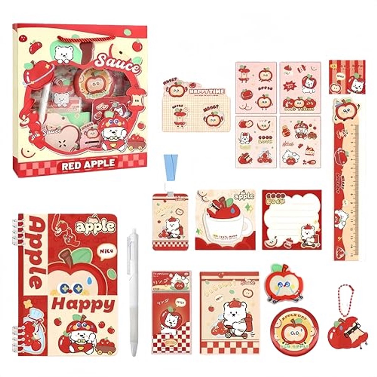 Namajunas - Schrijfwaren met Bevat 13 artikelen - Apple-elementen - Giftbox - Includes A5 notebooks, pens, stickers, etc - Voor jongens en meisjes - Geschenkdoos - Back to school - Hobby Pakket - Kerstcadeaus