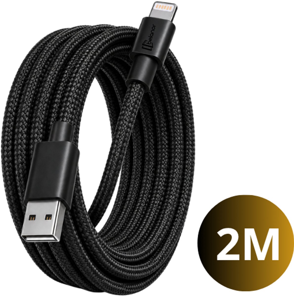 Belanor Lightning Kabel 2 Meter - USB A Oplaadkabel - Geschikt voor iPhone 14/13/12/11/X - Gevlochten - Zwart