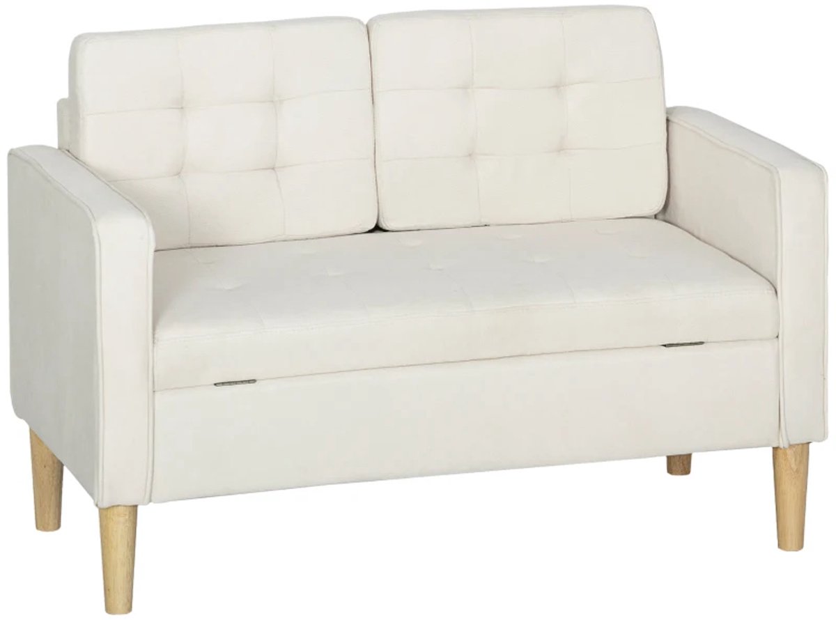 2-Zitsbanken - Tweezitsbank met Opberger - Knoopstiksel - Kussens - Rubberboomhout - 117 x 62 x 78 cm - Crèmewit