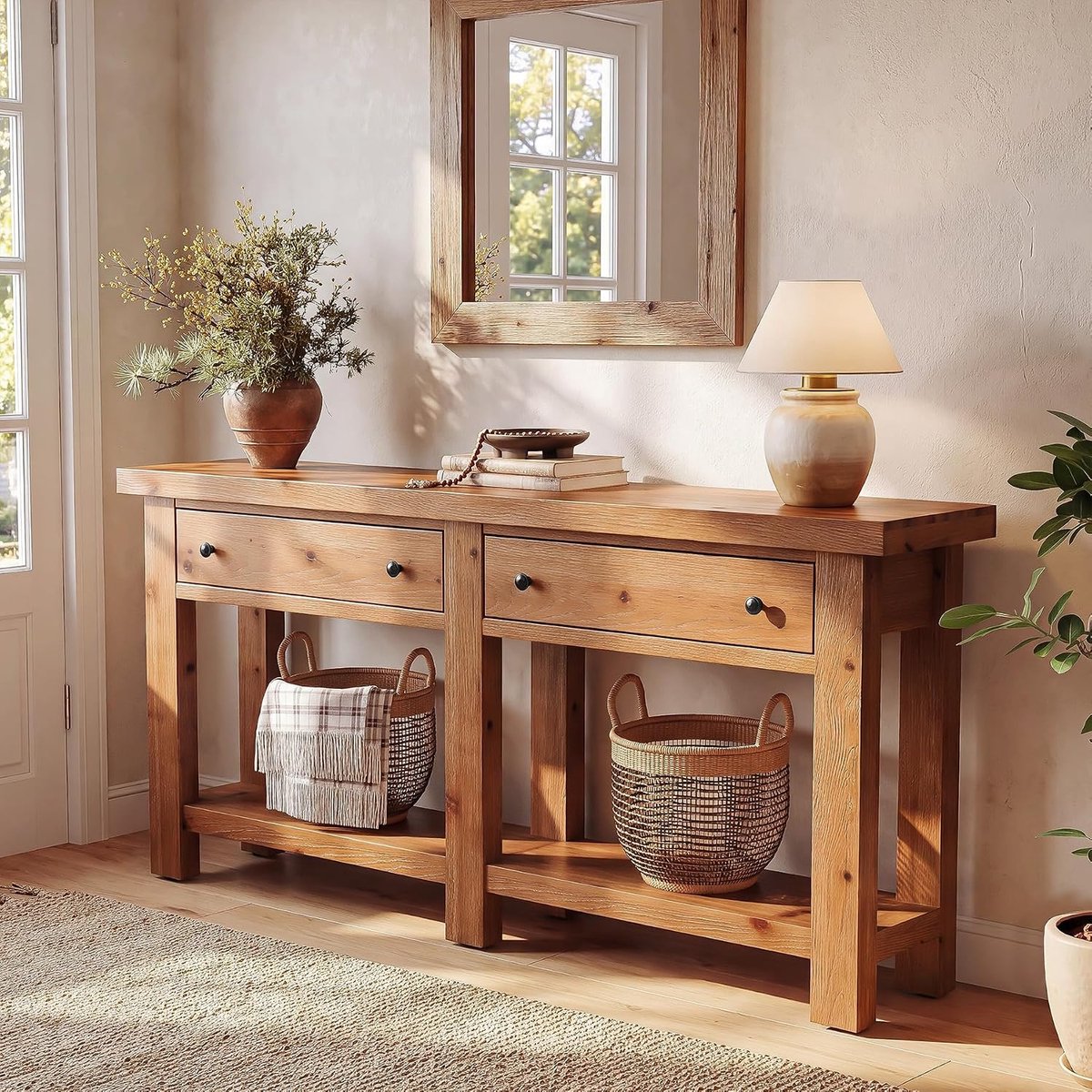 Tribesigns Massief houten Consoletafel - 105 x 30 x 80 cm - Sidetable met 2 opberglades- Haltafel met opbergplank - Bruin - Industrieel - voor Hal, Woonkamer, Entree
