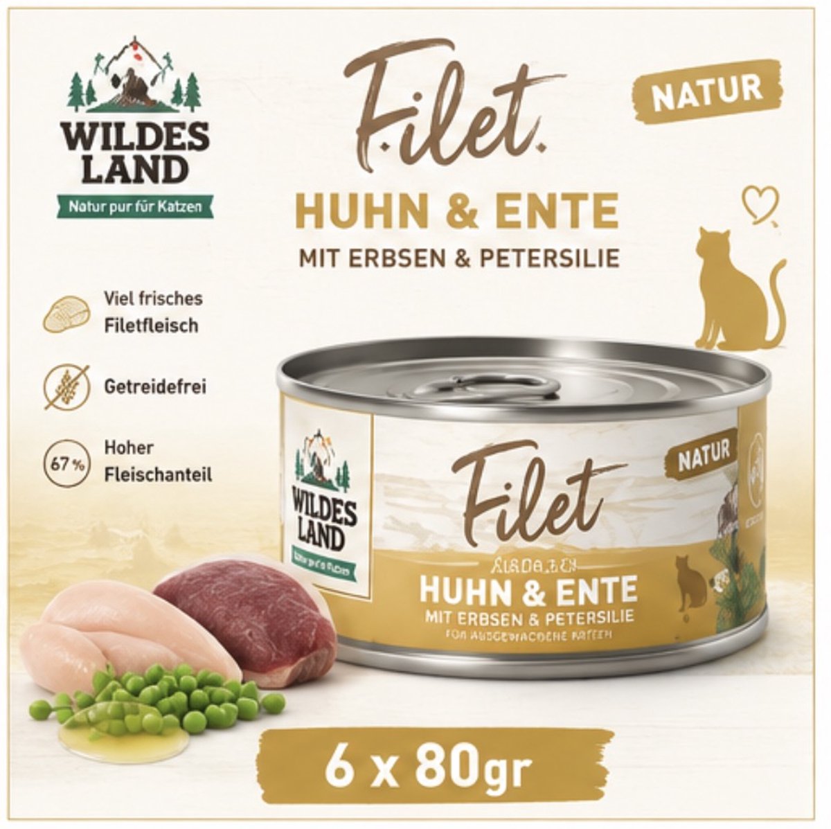 Wildes Land Wildes Land Filet Kip & Eend met Erwten & Peterselie - Katten natvoer - 6x80gr