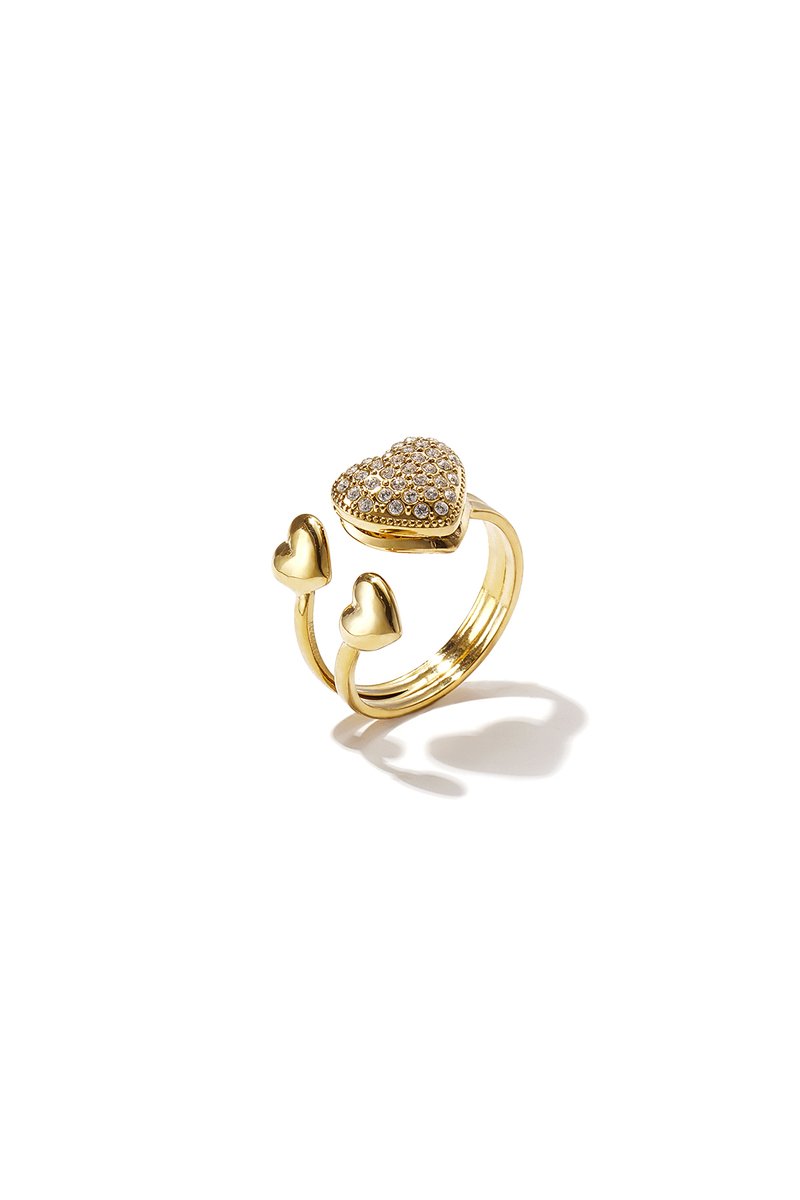 Fae - Rhinestone Heart Ring - Stainless Steel - - Goud